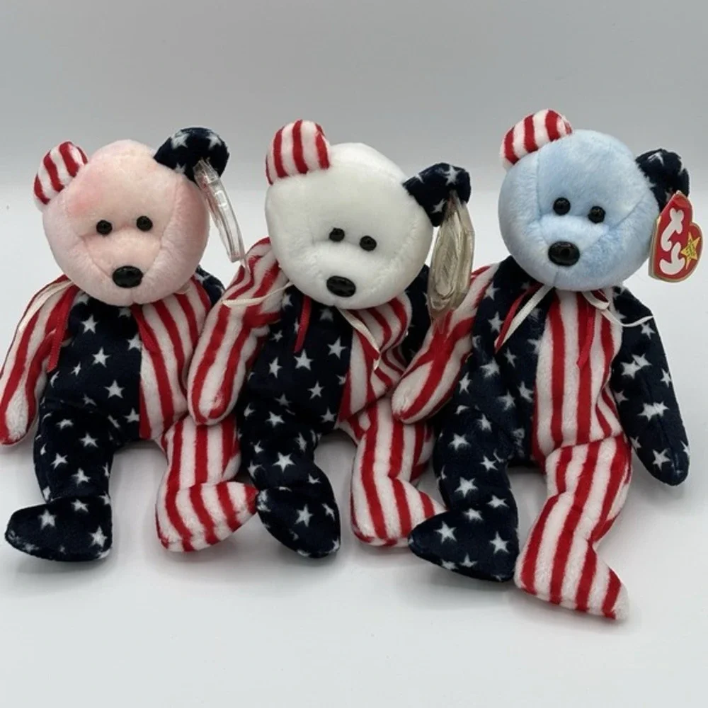 Mint Ty Beanie Baby Spangle the Bear Pink, White, Blue Face 1999